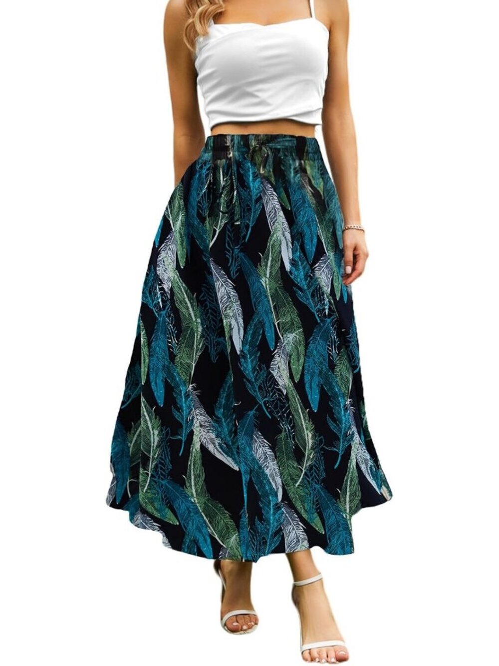 Women's Green Feather Boho High Waisted Flowy Elastic Waist Pocket Midi Skirt